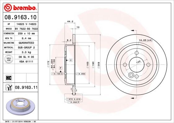 08916310 Brembo Тормозной диск задний для 