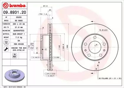 09.8931.20 Brembo Диск тормозной перед FIAT DUCATO 94- CITROEN JUMPER 94- PEUGEOT BOXER 02- до1,5 тон (R15) для 
