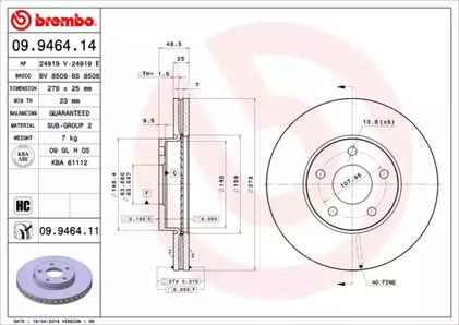 09.9464.11 Brembo Тормозной диск передний  D=278мм для 