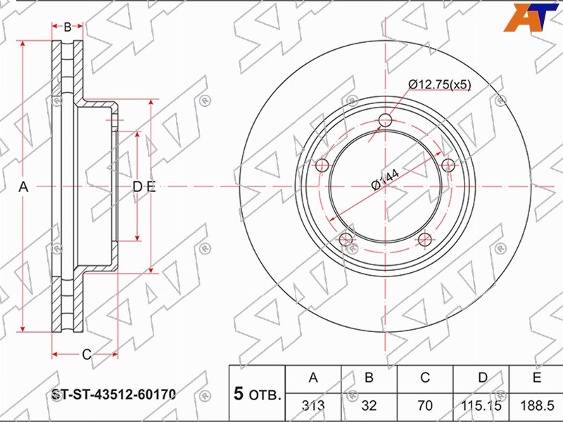 ST-43512-60170 Sat Диск тормозной перед TOYOTA LAND CRUISER 100 98-05/LEXUS LX470 98-05 для 
