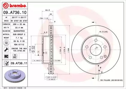 09.A736.11 Brembo Тормозной диск передний d=288 для 