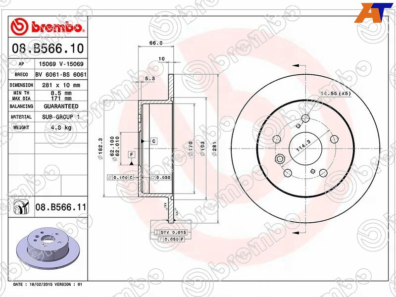 08.B566.11 Brembo Диск тормозной зад TOYOTA CAMRY #V40/#V50 06- для 