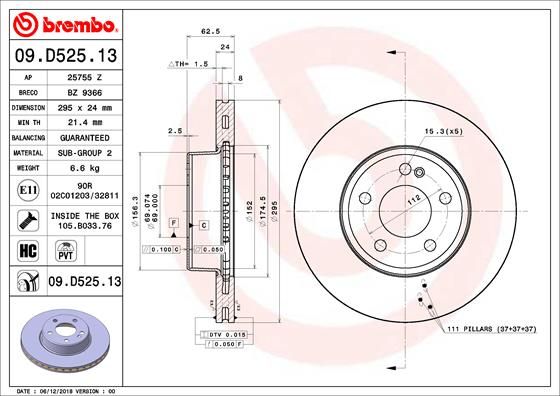 09D52513 Brembo Тормозной диск передний D=295мм для 